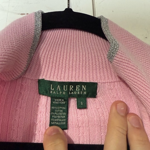 Ralph Lauren Full Zip Cable Knit Sweater Pink and Silver Size Small Mock Neck - Picture 8 of 11